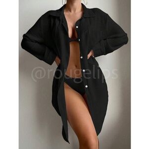 Black Long Button Up Shirt Beach Coverup Long Sleeve